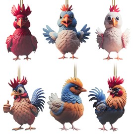 Gadluckki 2025 Cute Cartoon Rooster Hanging Pendant, 6PCS Acrylic Chick Ornament for Car Interior, Lifelike Chicken for Christmas Tree Hanging Decoration Window Wall Home Lovely Animal 10cm/3.93in