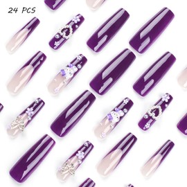 24 PCS Purple 3D Love Cat Press-on False Nails Wearable Rhinestone Fake Nails Gifts for Women and Girls (No.28)