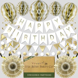 Premium Reusable Birthday Decoration Women Man - White Gold Decoration Birthday Woman Man / Party Decoration, Happy Birthday Garland, Bunting Birthday, Honeycomb Balls (White Gold Happy Birthday