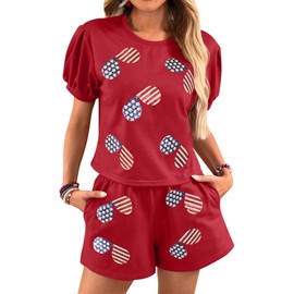 For G and PL Fourth of July Women Short Sleeve Patriotic American Flag sequin loungewear cute Memorial Day Sets Red Sunglasses M