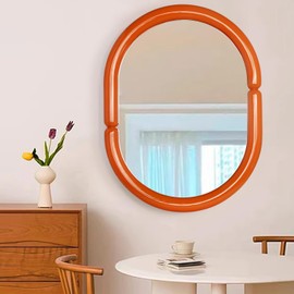 Oval Solid Wood Vanity Mirror Bagel Shaped Wall Mounted Mirror High-end for Bedroom Bathroom Wall Decor (Orange Mirror)