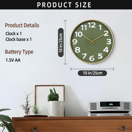 Maxstar 10 Inch Wall Clocks Battery Operated, Silent Non Ticking Modern Wall Clock for Living Room Bedroom Kitchen Office Classroom Decor (Olive Green)