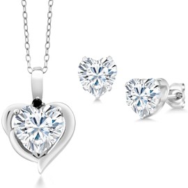 Gem Stone King 925 Sterling Silver White Moissanite and Black Diamond Pendant Necklace Earrings Set For Women (3.42 Cttw, Heart Shape 8MM and 6MM, with 18 Inch Chain)