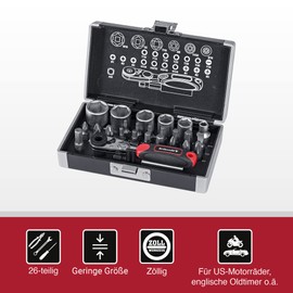 Rothewald Mini Ratchet Set, Inch 26 Pieces, Motorcycle Inch Board Tool, Ratchet & Bit Set, Ideal for US Vehicles on Tours & Travel, Mini Tool Box Filled