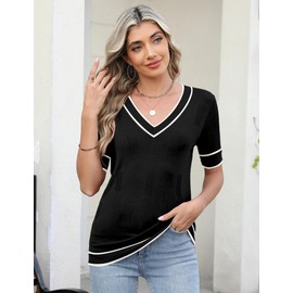 AKEWEI Womens Tops 2025 Spring Summer Short Sleeve Sweater Dressy Casual Blouse Teacher Outfits(Black Striped,Medium)