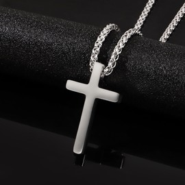 Cross Necklace for Men, Silver Stainless Steel Cross Pendant Necklace for Men Wheat Chain 20 Inch