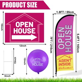 Buryeah Open House Signs Set (36 Pcs Total), 1 Pack Open House Flag with Pole Kit, 5 Pack Double Sided Open House Directional Arrows Signs with Metal Stakes and 30 Open House Balloons (Purple)