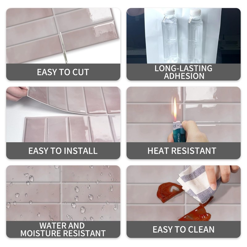 10 Sheets Subway Tile Peel and Stick Backsplash,12”×12”Pink Self Adhesive
