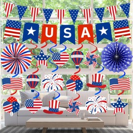 4th of July Decorations Patriotic Decorations USA Banner Paper Fans Pennant Hanging Swirl Red White and Blue Decorations for Independence Day Veterans Labor Presidents Flag Memorial Day Indoor Party Decorations