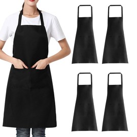 Wzhtuzi 4 Packs Black Cooking Apron, Kitchen Apron, Cotton Apron for Men Women, Waterproof Chefs Apron with 2 Pockets, Unisex Adjustable Neck Strap Apron for Kitchen, Restaurant, Coffee House, Black