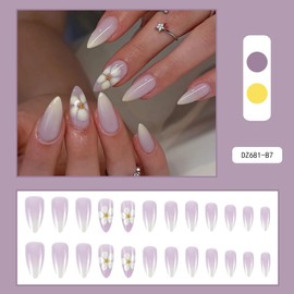 24Pcs Press on Nails Medium Long Almond Fake Nails French Tip with Pink Purple White Flower Rhinestones Designs Full Cover Glossy Glue on Nails Thick Acrylic False Nails Cute Stick on Nails for Women Girls DZ681-B7