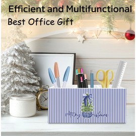 KRHFG Blue Chinoiserie Christmas Pen Holder for Desk, Coquette Bow Xmas Tree Wooden Box Sign Decor for Girls Room Office Desk Table Shelf Decoration, Preppy Xmas Pencil Organizer, Blue Christmas Decor