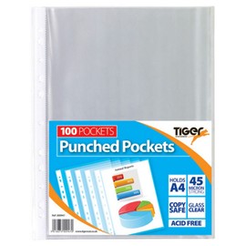 Tiger 300947 A4 Punched Pocket Sleeve Wallets - Transparent (100 Pieces)