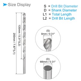 CoCud Extra Long Twist Drill Bit, 0.3 inch (8 mm) Drill Diameter, 7.9 inches (200 mm), Total Length, High Speed Steel, Twist Drill Bit, Copper, Metal, For Carpentry