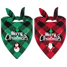 2PCS Christmas Dog Bandanas,Classic Plaid Triangle Dog Scarf Featuring Santa and Snowman Print,Holiday Dog Outfit for Boy and Girl,Winter Classic Red and Green Plaid Pet Scarf for Medium to Large Dogs