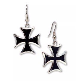 Real Metal Maltese Cross Surfers' Cross Black Silver Finish Dangle Earrings #122