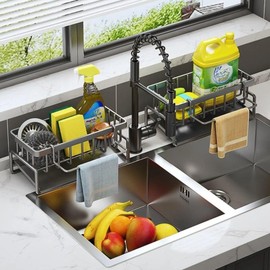 AUSZJWW Sponge Holder for Kitchen Sink with Auto Draining Tray sink caddy Rustproof Stainless Steel kitchen sink organizer Self Drain Dish Soap Sponge Caddy for Counter