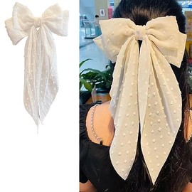 White Large Hair Bow Clips for Girls Women Bowknot Hair Clip Ribbon Big Hair Bows Clips for Girls Women Hair Bowknot Long Tails Barrettes Hair Ribbons Bow Hair Accessories