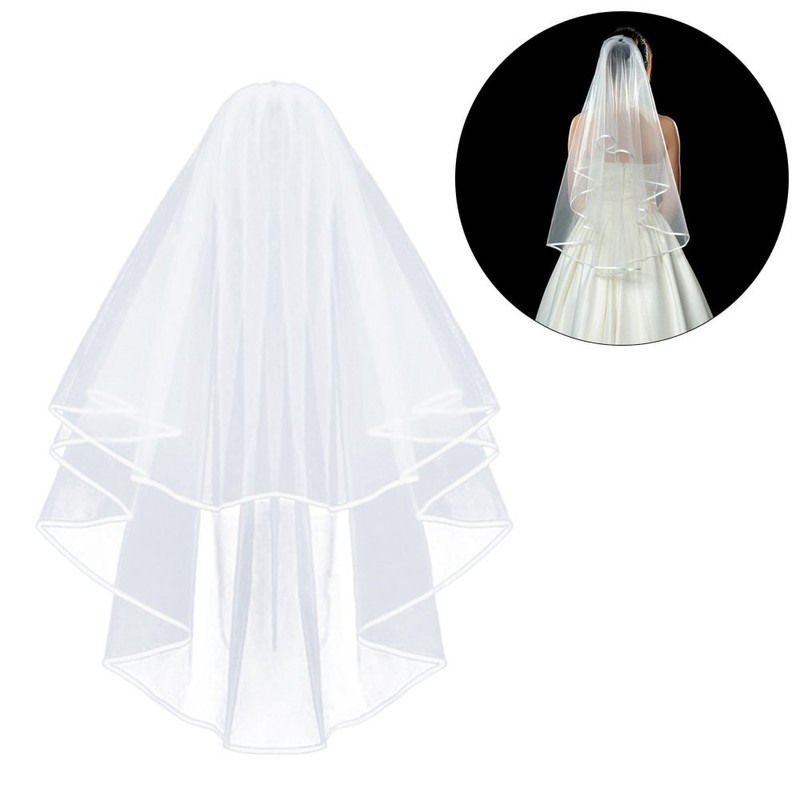 White Wedding Veil,2 Tier Ribbon Edge Center Cascade Bridal Veil