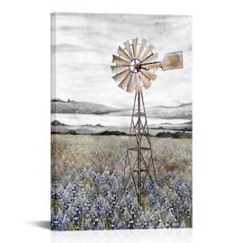Conipit Farmhouse Canvas Wall Art Countryside Flower Field Nature Meadow Landscape Rustic Windmill Bluebonnets Picture Framed Artwork for Home Decor Black Purple 16x24inch