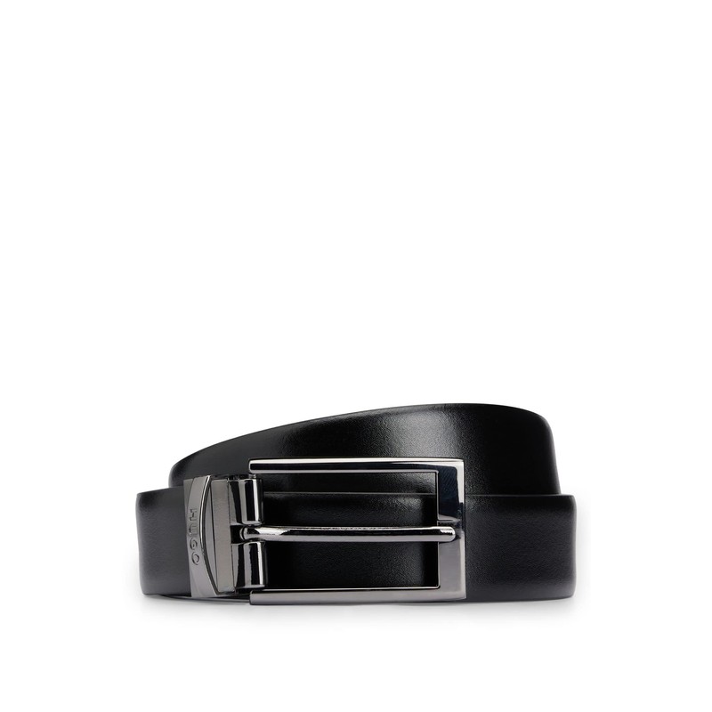 HUGO Men's Elvio-U Reversible Leather Belt with Logo Bridge, Black