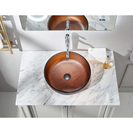 Fanwin Star Littel Rock Series Tempered Deco Bathroom Glass Vessel Sink in Tea Matt | Top Mount Sinks Above Vanity Countertop | Sink Bowl with Pop Up Drain | FW-LA639