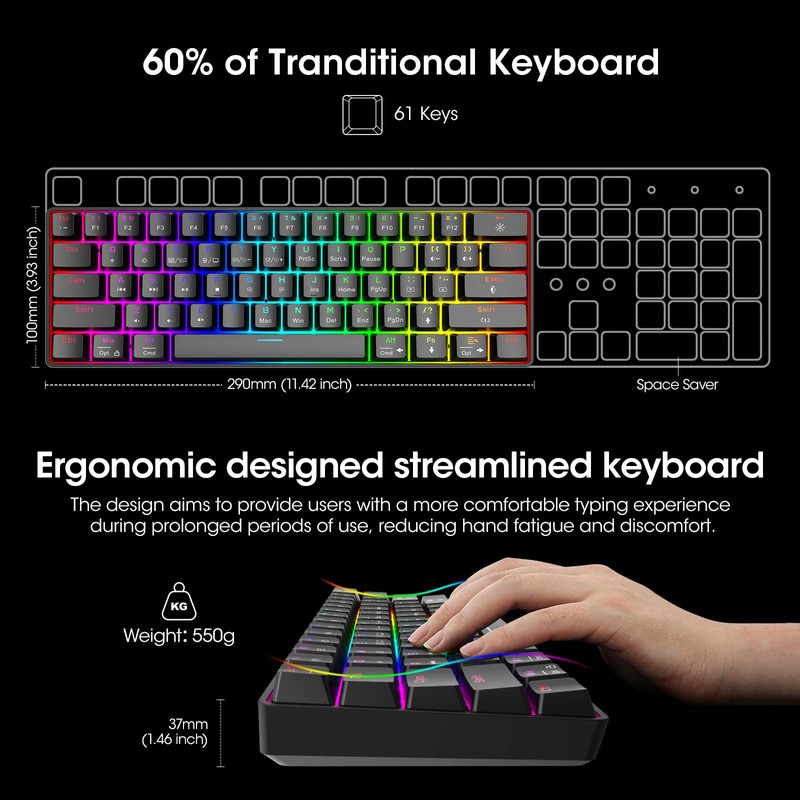 KOORUI 60% Gaming Keyboards, 61 Keys Wired Ultra-Compact Mechanical Keyboard