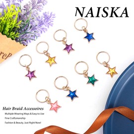 NAISKA 15 Pieces Gold Star Hair Accessories Braid Clips Colorful Stars Planet LoC Hair Jewelry Rings Starry Sky Pendant Charms Dreadlock Accessories Hair Jewelry for Women