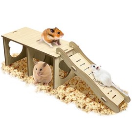 Tfwadmx Wooden Small Animal Hideout & Ramp - Hamster Tunnel System with Climbing Ladder, Peep Shed and Digging Chambers for Mice, Dwarf Hamsters
