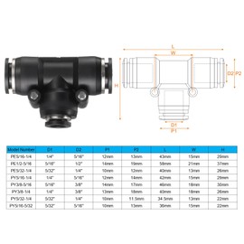 QUARKZMAN 5 Stück Push-to-Connect-Fittings 1/2 Zoll Rohraußendurchmesser x 5/16 Zoll Rohraußendurchmesser, Fitting-Kit Reduzierendes 3-Wege-Push-Lock-Verbinder PE1/2-5/16, Schwarz