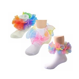 WBZOTSS Toddler Girls Socks with Rainbow Lace Ruffle Trim Cotton Baby Socks Frilly Dress Socks for Little Girls (US, Age, 1 Year, 3 Years, 3Mix)
