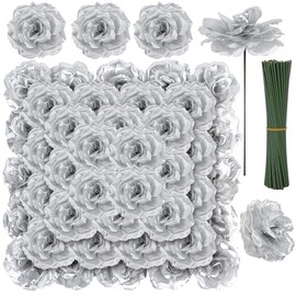 LELEE - Cabeza de rosas artificiales con tallo, 108 flores artificiales plateadas a granel, flor falsa de rosa de seda para ramo de boda, fiesta, decoración del hogar, bricolaje, centros de mesa de