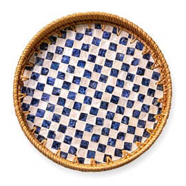 JUNGLE CULTURE Rattan Serving Tray 12" with Mother of Pearl Inlay • Coastal Boho Collection • Handcrafted Woven with Handles for Home • Round Dining Table Tray • Wicker Serving Basket – Drift