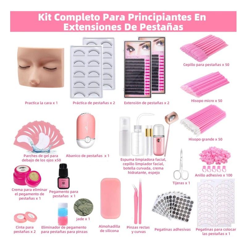 Kit Pestañas Maquillaje Aplicacion Extensión Diy Completo Coral Claro