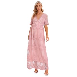 ZIUMUDY Maternity Floral Lace V Neck Wedding Dress Short Sleeve Maternity Long Dress for Photoshoot Baby Shower (Pink, Small)