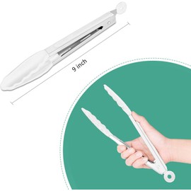 9 Inch Kitchen Tongs, Cooking Tongs with Silicone Tips and Stainless Steel Handle, Non Stick Heat Resistant Tongs for Cooking, Buffet, Salad Serving (9", White)