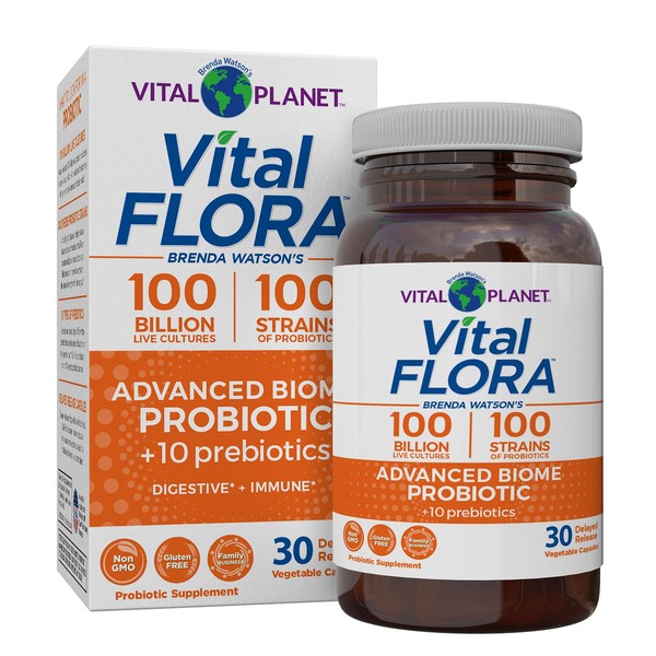 Vital Planet - Vital Flora Advanced Probiotic 100 Billion Strains and Cultures, Digestive Support Probiotics for Women and Men with Organic Prebiotics 30 Capsules