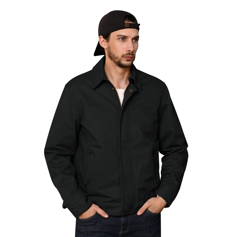 WenVen Men's Casual Outdoor Fashion Coat Classic Twill Cotton (Black,