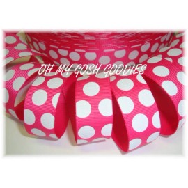 5 YARD SALE 7/8 SHOCKING PINK WHITE CLASSIC JUMBO DOTS EASTER GROSGRAIN RIBBON