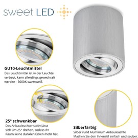 Sweet-LED Surface Light Round Square Includes GU10 5W 450 Lumen 3000K 230V Surface-Mounted Ceiling Light Aluminium Brushed Pivoting Ceiling Lamp
