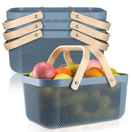 Sadnyy 4 Pcs Plastic Mesh Garden Harvest Basket Storage Basket with Wooden Handle Multi Functional Mesh Bin for Kitchen Cabinet Picnic Fruit Vegetable Gathering Organizer(Large,Blue)