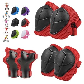 6PCS Kids Protective Gear Set, Knee Pads for Kids 3-10 Years Old, Toddler Elbow Pads, Wrist Guards, Skating Cycling Bike Rollerblading Scooter, Upgraded & Durable Material, Boys, Girls,Youth, Black - Color: Red
