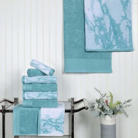 Superior Cotton 10 Piece Assorted Solid and Marble Towel Set, Includes 2 Bath, 4 Hand, 4 Washcloths/Face Towels, Soft, Absorbent, Decorative Bathroom Accessories, Home Essentials, Cyan