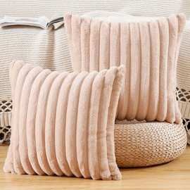 Madizz Set of 2 Faux Fur Plush Decorative Throw Pillow Covers 20x20 inch, 50x50 cm, Light Brown Fluffy Striped Soft Decorative Cushion Cover for Sofa Bedroom Pillow Shell