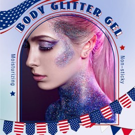HOSAILY Red White and Blue Roll-on Body Glitter Gel, 4th of July Accessories Holographic Face Glitter Gel, Fourth of July Costume Makeup for Independence Day President's Day Patriotic Veterans Day