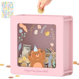 Summidate Wooden Piggy Bank for Kids Girls, Money Savings Bank with Clear Removable Windows and DIY Stickers, Kids Visual Cash Vault Box for Teens, Birthday