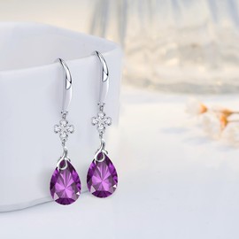 925 Sterling Silver Dangle Earrings 5A Pear Shape Cubic Zirconia Four Leaf Clover Drop Earrings for Women (Purple)