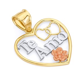 14k REAL Tri Color Gold Te-Amo Charm Pendant (Size : 25 x 20 mm)