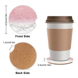 Removable Ceramic Cup Holders Car Coasters for Women,Flash Pink Marble Absorbent Drink Cup Car Holder Coasters Auto Accessories with A Finger Notch 2.56" Pack of 2,Marble Pink Shiny