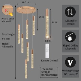 Upfelw Modern High Ceiling Crystal Chandelier 7-Lights, Large Spiral LED Raindrop Foyer Pendant Lighting, Bubble Staircase Living Room Hanging Light Fixture Flush Mount Gold Remote Control